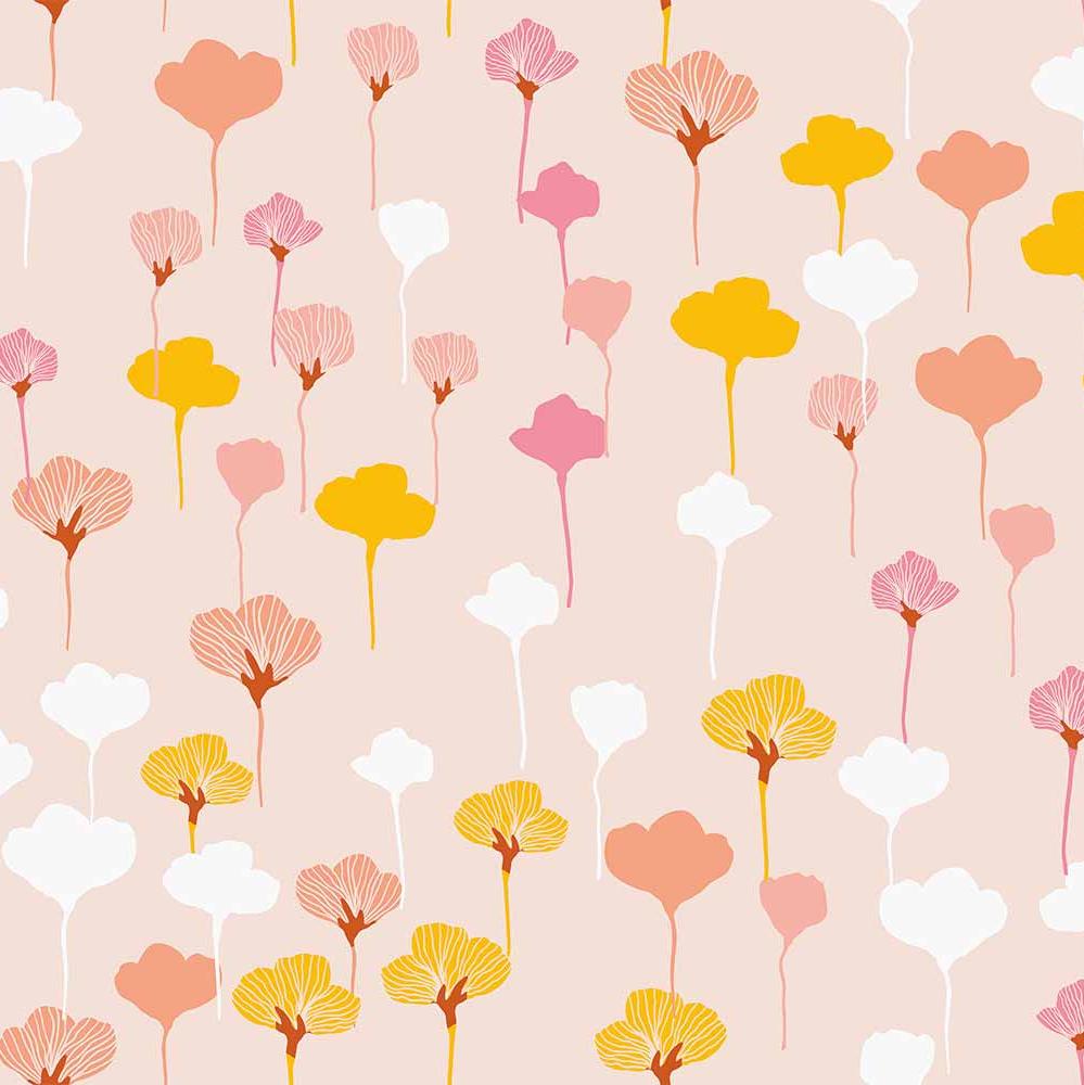 pale-pink_A wallpaper pattern featuring abstract floral designs in pink, yellow, and white colors on a beige background.