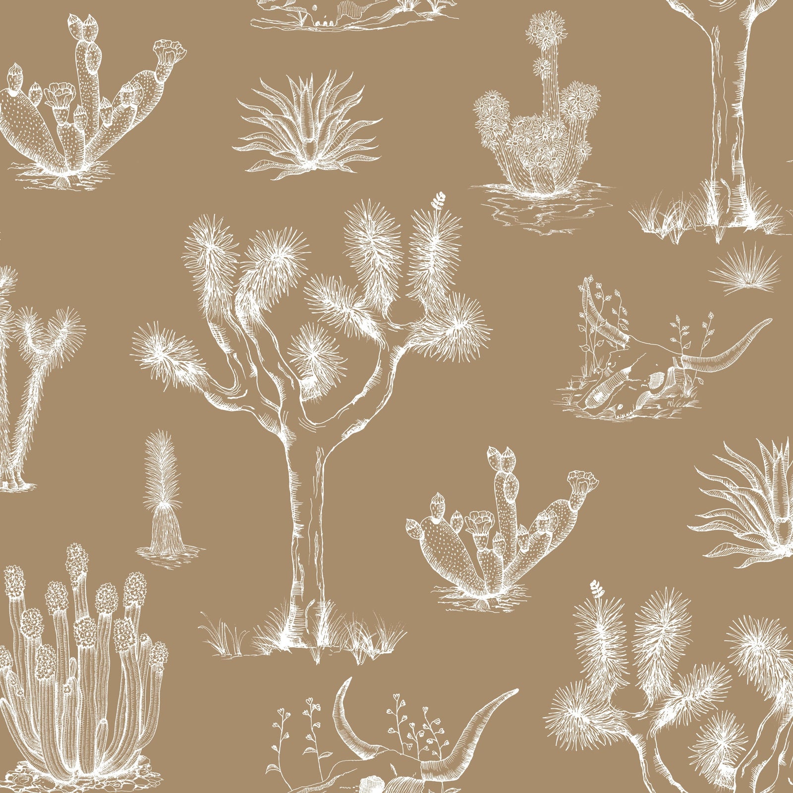 tan_A wallpaper featuring a repeating pattern of hand-drawn illustrations of various desert plants and cacti in white on a tan background.