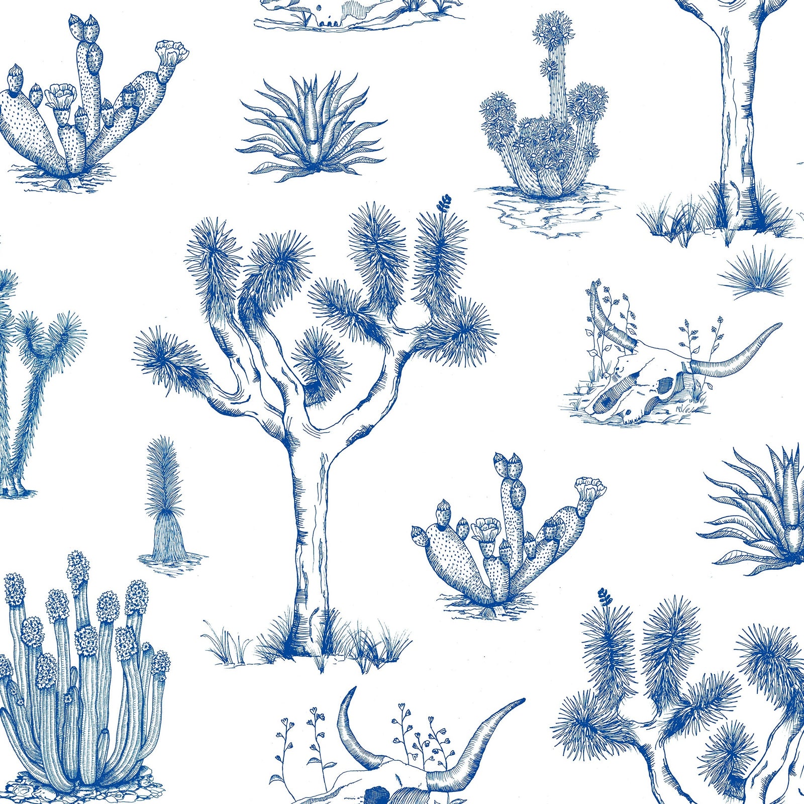 blue_A wallpaper featuring a repeating pattern of hand-drawn illustrations of various desert plants and cacti in blue on a white background.