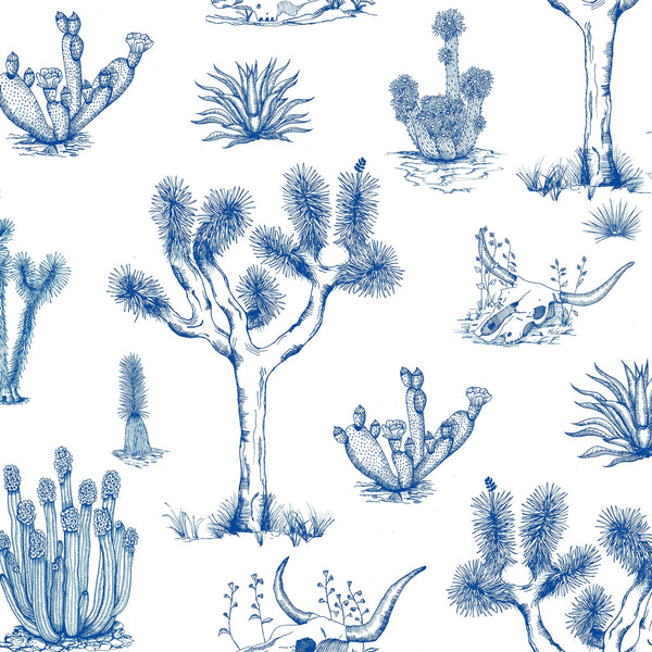 blue_A wallpaper featuring a repeating pattern of hand-drawn illustrations of various desert plants and cacti in blue on a white background.