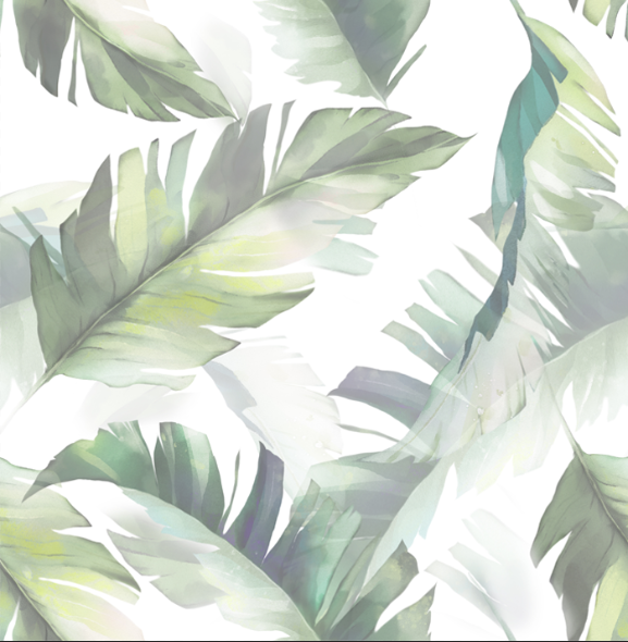 green_A wallpaper featuring a pattern of palm leaves in various shades of green, white, and yellow.