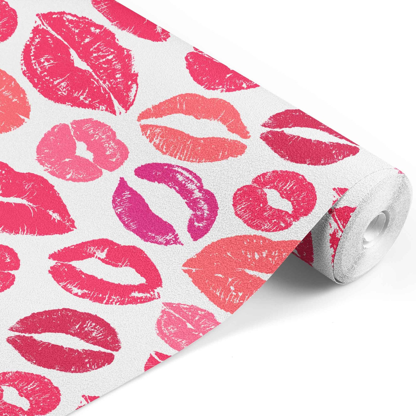 pink_A wallpaper with a repeated pattern of lips in various shades of pink and red on a white background.